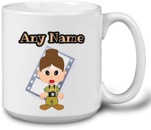 Photography Gifts for Women - Personalised Jumbo 20oz Photographer Mug Cup with Name - Novelty Work Birthday Christmas Gifts Cameraman Mum Auntie Wife (Brown Hair)