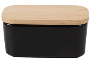 Butterdose Keramik mit Holzdeckel, Porzellan Butterdose Holzdeckel Mit Silikon-Dichtlippe, Multi-Funktion Butterschale Für 250 G Butter, 16,3 x 9,5 x 7,5 cm (Schwarz)
