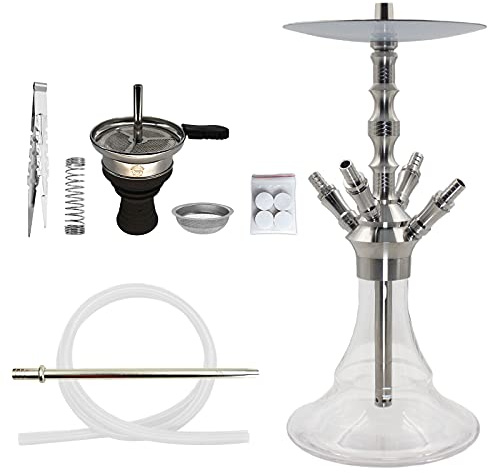 Skynet® 723 Lune Edelstahl Shisha Komplettset mit 4 Schlauchanschlüssen | ca. 56 cm | Silikonschlauch mit Mundstück | Shisha Steinkopf mit Aufsatz | 18/8 Schliff (Edelstahl) | Zubehör