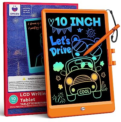 ORSEN 10 Zoll LCD Schreibtafel Zeichenbrett, Umweltfreundlich Bunten Maltafel Zaubertafel, Lernspielzeug Spielzeug ab 3-8 Jahre alt Junge Mädchen, Weihnachten Geburtstagsgeschenk für Kinder (Orange)