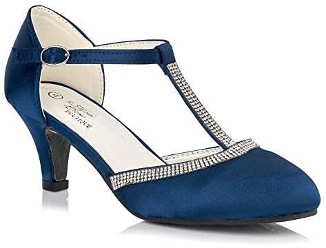Women's Mid Low Heel Satin Diamante T-Strap Ankle Strap Full Toe Bridal Wedding Special Occasion Mary Jane Court Shoes