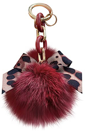 LSGGTIM Plüsch Schlüsselanhänger Pompom Ball mit Leopard Muster Bowknot Taschenanhänger Damen Bommel Keychain Plüschball Pom Pom Schlüsselbund Auto Schlüsselanhänger für Frauen Mädchen-15cmx9cm