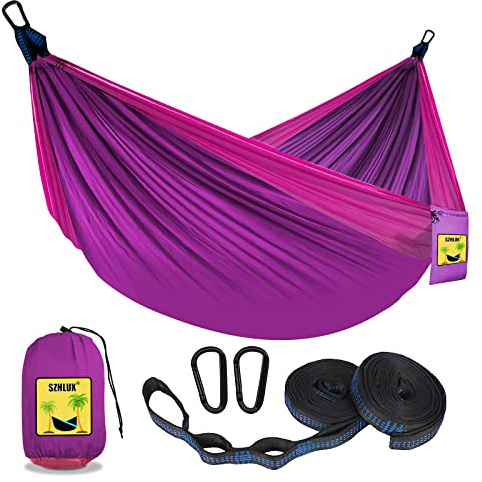 SZHLUX Camping Hammock Double & Single Portable Hammocks with 2 Tree Straps and Attached Carry Bag,Great for Outdoor,Indoor,Beach,Camping,Purple & Pink, Medium