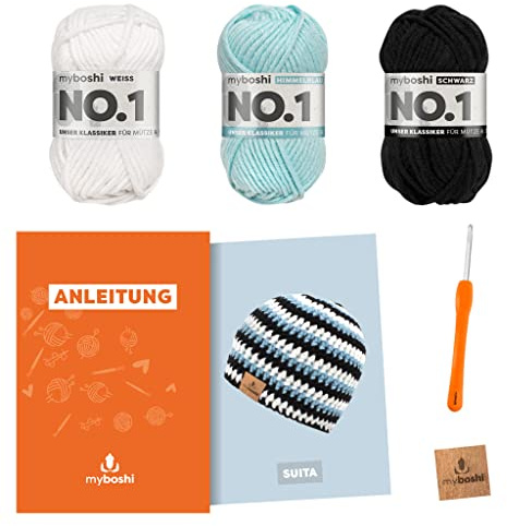 myboshi Häkelset Mütze Suita für Anfänger, inkl. No.1 Wolle, Nadel und Anleitung, original Label, Häkelpaket, 30% Merinowolle Weiß, Blau, Schwarz, mit Häkelnadel