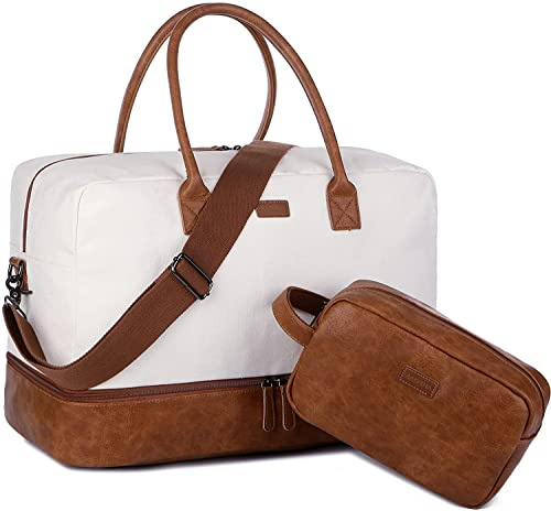 Resväska i canvas reseväska med fack för skor och skönhetsfodral HB-10, Vit/beige, 50.8 x 22.86 x 25 cm, Vintage