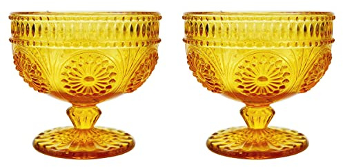 CHOOLD Vintage Sunflower Embossed Glass Footed Dessert Ice Cream Trifle Salad Candy Cake Bowl for Home Party Wedding - 9 oz, Yellow, Set of 2