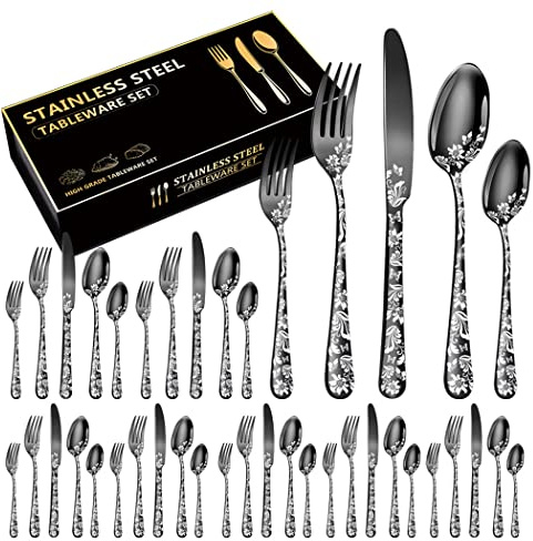 XIAOYU Juego de 40 piezas de plata, vajilla de acero inoxidable, Servicio de 8 piezas, diseño gráfico único, incluyendo cuchillo/tenedor/cuchara, vajilla pulida por espejo, Negro
