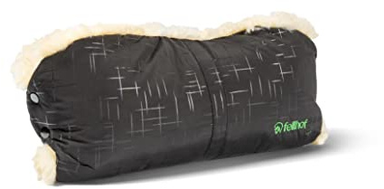 Fellhof Kinderwagen Handwärmer, 100% Merino-Lammfell, wind- u. wasserabweisend, reflektierende Streifen, OEKO-TEX zertifiziert, Universalgröße für alle Kinderwagen (black tec)