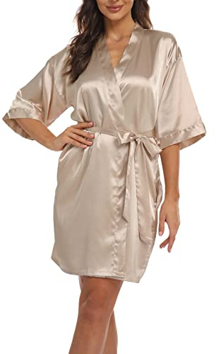 Teemie Damen Morgenmantel Bademantel Satin Kimono Robe Nachtwäsche Mit Gürtel Taschen Braut Brautjungfern Kurz Sexy V Ausschnitt Nachthemd Sommer Frauen 3/4 Ärmeln Pajama Hochzeit Party Gelb S