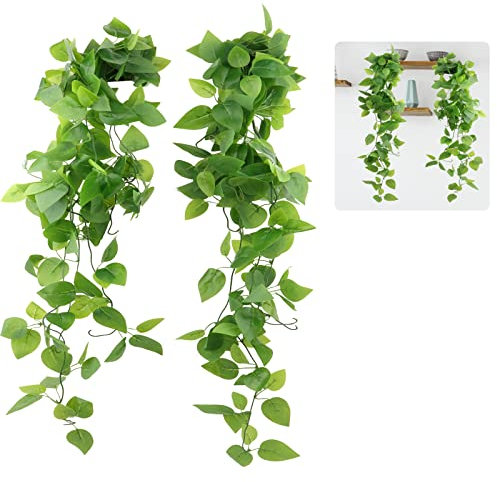 JOPHEK 2 Stück Kunstpflanze Hängend, Künstliche Hängepflanzen Eukalyptus Blätter, Hängend Wartungsfreie Plastik Hängepflanzen, Gefälschte Ivy Pflanzen für Wand Küche Hängekorb Dekoration (108CM)