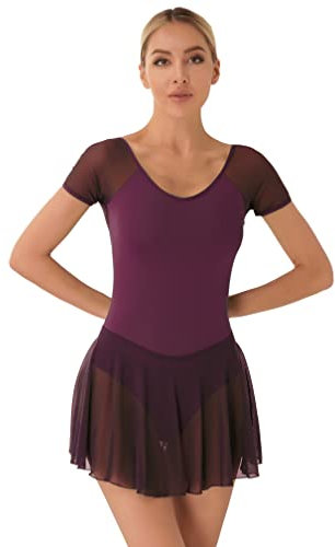 Agoky Damen Ballettkleid Kurzarm Ballett Trikot mit Rundhalsausschnitt Gymnastikanzug Sport Body mit Mesh Tutu Rock Slip Dancewear Dunkel Lila H L