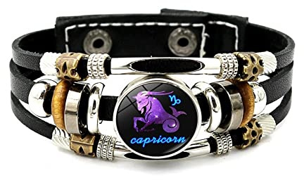 LODMLOER Leuchtendes Lederarmband Mit 12 Sternbildern – Zwölf Sternzeichen,Mehrschichtiges Web-Punk-Armband,Waage,Skorpion,Jungfrau,Löwe,Knopf-Zeit-Edelstein-Armband Für Damen Und Herren