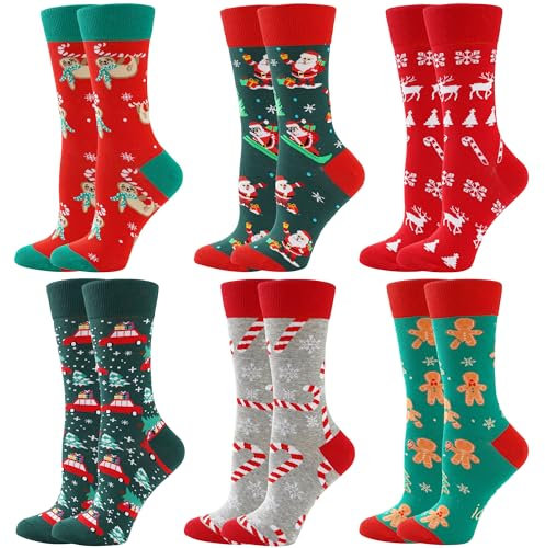 Chaussettes de Noël Femme Christmas Chaussettes Femme Fantaisie 6 Paires Coton Chaussette Drole Cadeaux de Noël pour les Femmes Hommes 36-40