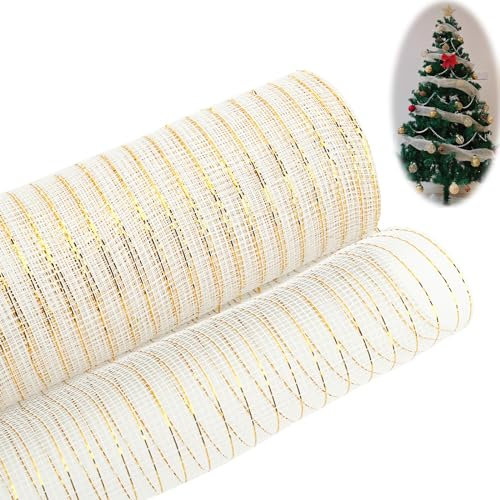 1Pcs Christbaumschmuck，Weihnachtsband zum Basteln，Für Weihnachtsbäume, Kunsthandwerk, Girlanden, Schleifen, Osterkränze, Hochzeitsfeierdekorationen，26cmx10Yards，Weiß+Gold