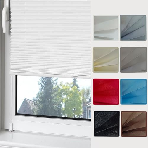 Klemmfix Plissee Ohne Bohren 25 x 80 cm Blickdicht Easyfix Sonnenschutz Rollos für Fenster & Tür Jalousie Blickdichtes Falt-Rollo, für Fenster & Tür, Weiß