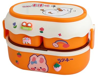 soulnioi 1700ML Lunch Box Bento Box for Kids, Cute Printed Rabbit&Bear Design Lunch Box with 3D Stickers for Child&School, Food Container with 3 Compartments (Orange)