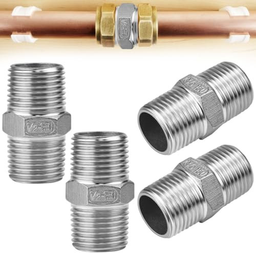 MININUSI 4 Stück Doppelnippel, 1/2 zoll Duschschlauch Adapter, Gewindefitting, Edelstahl Doppelnippel Verbinder für verschiedene Wasserleitungen oder Luftleitungen verbindenden Außengewinde