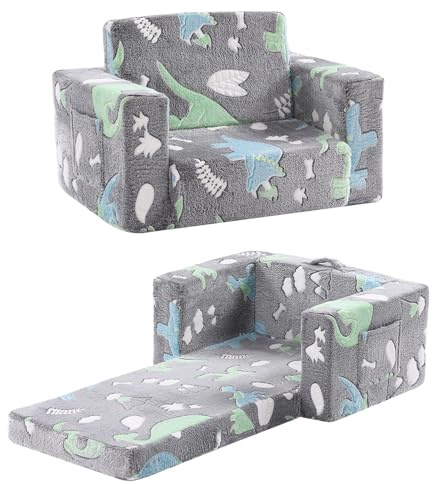 Givjoy Kids Sofa Toddler Chair, Children Couch with Side Pockets 2 in 1 Glow in Dark Kids Armchair with Removable and Washable Cover Carrying Handle Kids Reading Sofa for Playroom, Grey Dinosaur
