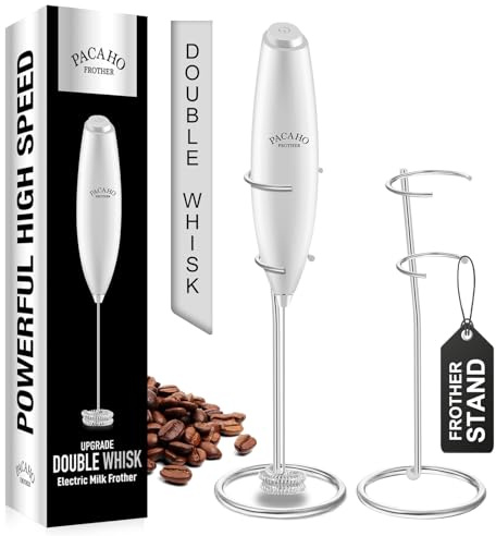 PACAHO Powerful Milk Frother with Stand with Double Whisk, Handheld Electric Foam Maker, Hand Mixer Wand, Portable Mini Blender Foamer Stirrer for Coffee Creamer, Latte, Matcha,Hot Chocolate, Silver