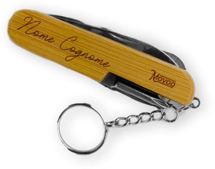 MovooDesign coltellino multiuso (9 funzioni: forbici, seghetto, cavatappi, coltello, apriscatola, apribottiglia, forbici, lima) Esterno in Legno