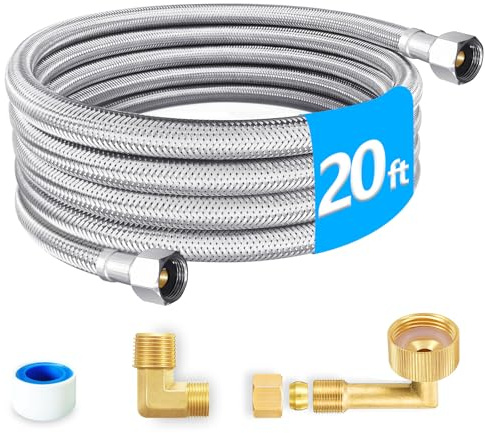 Dishwasher Installation Kit - 20 FT Premium Stainless Steel Braided Dishwasher Hose kit,Food Grade PEX Inner Tube Dishwasher Water Supply Line with 3/8x3/8MIP Elbow,3/8x 3/4 FHT Elbow