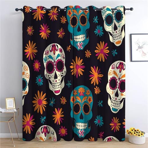Vorhang Blickdicht Thermovorhang Cartoon Farbige Totenköpfe Und Blumen Muster Gardinen Wohnzimmer Vorhänge Geräuschreduzierung Dekoration für Wohnzimmer Fenster Schwarzer Hintergrund 230 x 117 cm