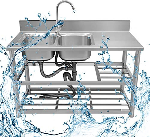 Edelstahl-Waschbecken, Doppelwaschbecken, freistehendes Waschbecken für Gewerbe, mit Werkbank und Lagerregalen mit Wasserhahn für Wäscherei, Garage, Restaurant, Bauernhaus, drinnen und