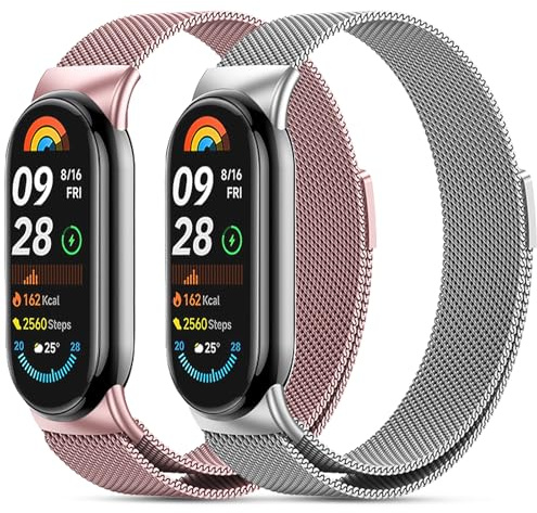 CHANRASI 2 Pezzi Metallo Cinturini Compatibile con xiaomi mi band 8/xiaomi smart band 10/9 Cinturino Donna,Cinturino Maglia Regolabili Magnetiche per xiaomi smart band 10/9/8 Argento rosa