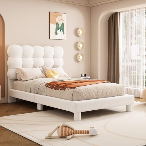 YCYDHDM Polsterbett Kinderbett 90 x 200 cm mit Verstellbares Kopfteil und Lattenrost, Einzelbett mit Gepolstertes Kopfteil, Bett für Jungen und Mädchen, Kreisvlies, Ohne Matratz, Weiß