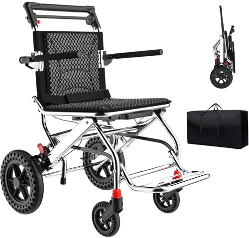 BESTXH Nero, Carrozzina, Carrozzina Pieghevole per Trasporto, Carrozzina Ultraleggera da Viaggio con Freno A Mano, Carrozzina da Viaggio Ideale per Adulti E Anziani, Supporta 150 kg
