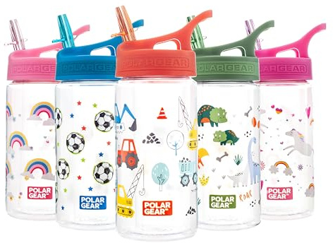Polar Gear Kids Water Bottles with Straw - 400ml BPA-Free Kids Drinks Bottle with Carry Handle - School Water Bottle with Removable Straw - Construction, Red