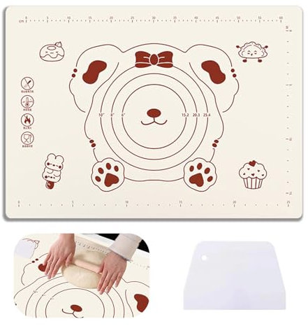 FOSDICK 50x40cm Tapete de Silicona Para Hornear, Antiadherente Tapete Silicona Horno con Cortador de Masa, Reutilizable Baking Mat, Tapete de para Amasar para Repostería Pizzas Fondant