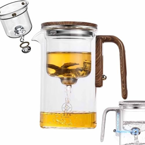 Water Separation Glass Teapot with Wooden Handle, Clear Teapot for Loose Tea Witchcraft Teapot, Press Control Magical Teapot Glass, Glass Teapot with Strainer (S)