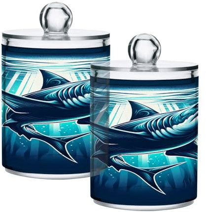 GAIREG Shark Underwater Cartoon 2 Pack Wattestäbchen Ball Qtip Halter Glas Kunststoff Behälter Spender mit Deckel für Badezimmer