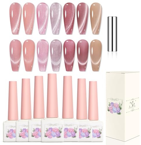Adhere 7 juegos de esmalte de uñas de gel LED ultravioleta empapados en ojos de gato de 12 ml, ojos de gato reflectantes y brillantes, diamantes brillantes, imanes de cinta rosa transparente magnética