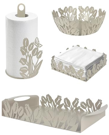 Set Accessori Cucina 2/4 Pezzi Portatovaglioli Vassoio Grande Da Portata Portafrutta Centrotavola Metallo Design Moderno Decorazioni Tavola - Papaveri - 4 Pezzi