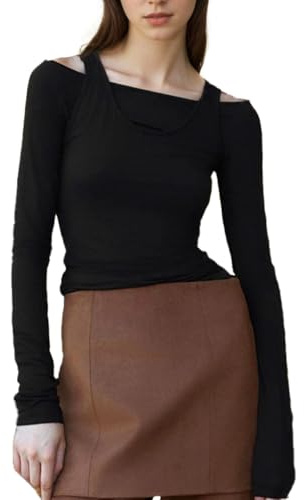 EMOTTOS Sexy Femme épaules dénudées Haut, Crop Top Moulants en Patchwork Deux Pièces avec Encolure à Une épaule, Asymetrique T-Shirt Y2K à la Mode Slim Fit Shirt pour Filles, Noir, L
