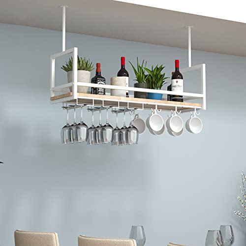 Portabottiglie con corrimano, portabicchieri da soffitto, portabottiglie da vino in metallo sospeso in legno con 2 tipi di portabicchieri da vino, per bar, caffetteria, cucina (colore: bianco, dimen