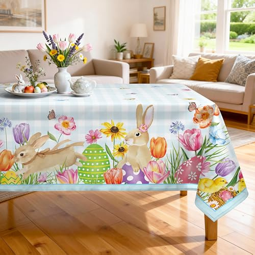 Arquiel Ostern Tulpen Polyester Tischdecke Rechteckig 152 x 213 cm Waschbar | Waschbare Polyester-Tischdecke mit Tulpen-Motiv, wasserabweisend und pflegeleicht für Küche, Esszimmer, Feste und Feiern.