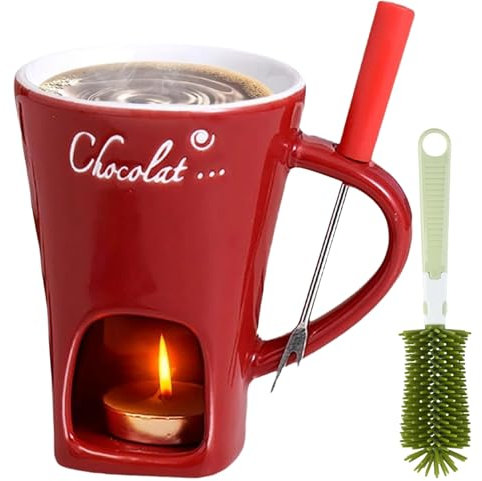 Chocolate Fondue Mug Set with Forks, Ceramic Personal Melting Cup for Cheese & Chocolate, Mini Fondue Pot with Tealight Candle, Perfect for Date Night & Gifts (Red)