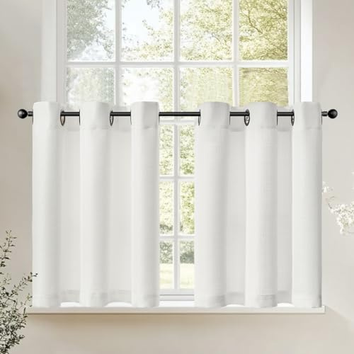 TOPICK Scheibengardinen Küche 2er Set 60Hx95B Weiß Bistrogardine mit Ösen | Bistrogardine Modern Gardinen Kurz Lichtdurchlässig Leinenoptik Küchengardinen für Kleine Fenster Wohnmobil Küchenfenster