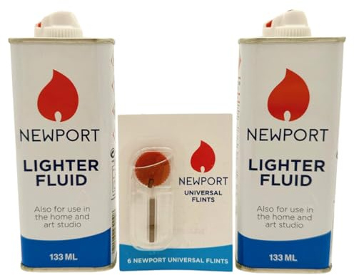 Newport Lighter Fluid | 133ml | 2-Pack with 6X Universal Flints | Compatible with Zippo Refillable Lighters | Fast Ignition | Clean Burning Fuel | Universal Lighter Fluid Refill