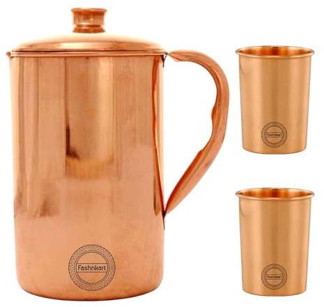 Krug aus reinem Kupfer mit 2 Bechern für die ayurvedischen gesundheitlichen Vorteile, 1,5 Liter handgefertigter Wasserkrug aus Kupfer mit 2 Tassen