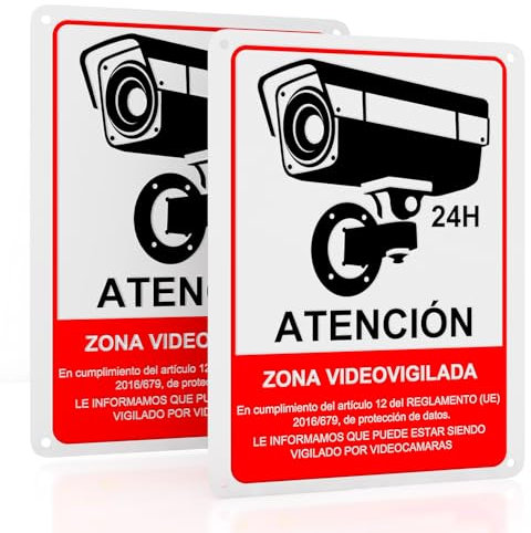 REIGY 2 Piezas Cartel Videovigilancia Homologado Aluminio 18 * 25 cm, Señal Adhesiva Zona Videovigilada Material Resistente, Placa Privada para Hogar Interiores y Exteriores