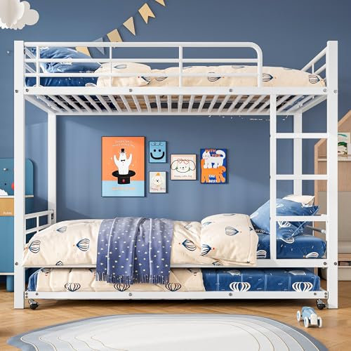 roomfitters Metall-Etagenbett mit Ausziehbett und Seitengittern, Robustes Hochbett für Jugendzimmer, Weiß