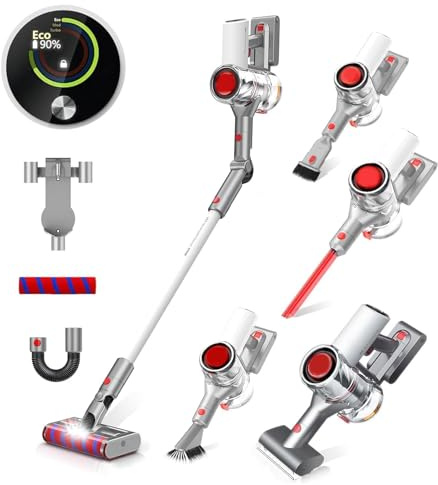 60Min Aspiradora Sin Cable Potente, 40KPa/450W Escoba Aspirador Sin Cable para el Hogar, Ultra-Silenciosa con Pantalla LED Inteligente, Cepillo Anti-Enredos para Suelos, Alfombras y Pelos de Mascotas