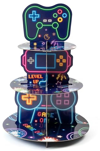 2OOYA Video Game Cupcake Stand, 3-Tier Mini Dessert Holder Reusable Cardboard with Neon Glow Style Cake Tower for Arcade Gaming Theme Party Decor Supplies Kids Boys Birthday Celebration, Blue Classic | Dessert Tower Holder with Neon Luminous Style, Cake Topper for Arcade Gaming Theme Party Kids Boys Celebration, Blue Classic