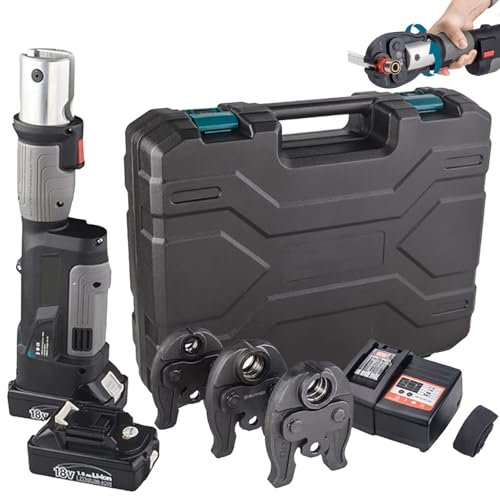 Electrical Hydraulic Pipe Press Tool for Plumbing Copper PEX Multilayer Crimping, 180° Swivelling Barrel, 2~4S Per Cycle Time, with 3 Press Jaws, 2 Batteries, 1 Charger and Carrying Case