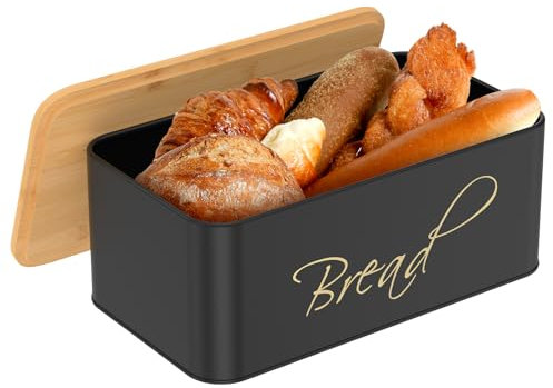 Contenitore per il pane in metallo con coperchio in bambù reversibile, 33 x 19 x 13 cm, piccolo contenitore nero per pane fatto in casa, organizzatore multifunzione per lievito