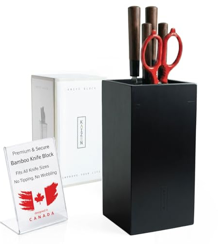 KAIZEN Bamboo Knife Block Without Knives - Perfectly Sized Universal Knife Holder for Knives, Scissors - Unique Knife Storage for Counter Top with Anti-Slip Base (Black)